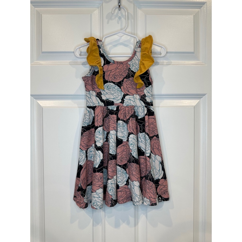 Rags Kids Dress Size 3/4 Floral Ruffle Sleeves Pink Black Blue Yellow
